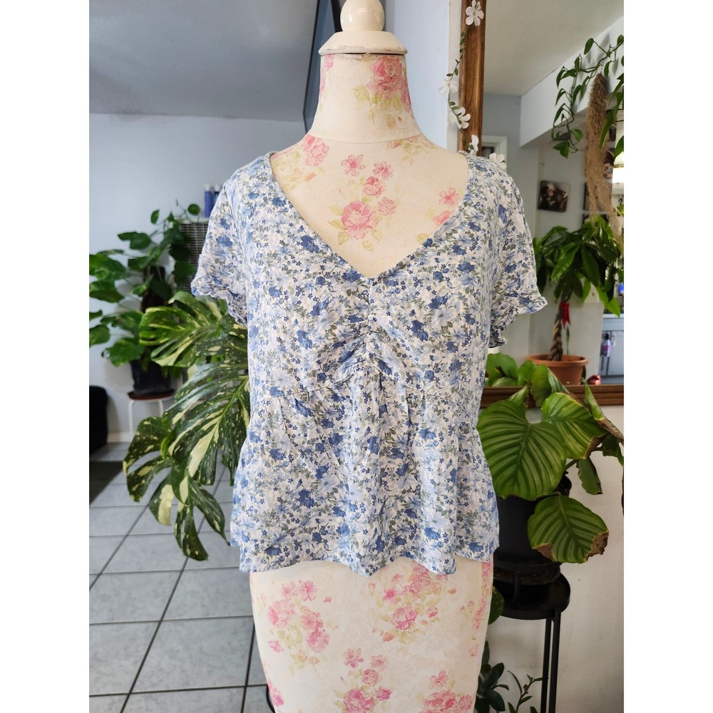Hollister Blue Floral Babydoll Top Women's Large Cottagecore Puff Sleeve Peplum - Picture 5 of 12